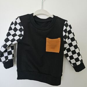 Black and White Checkered Long Sleeve Crew with Pocket